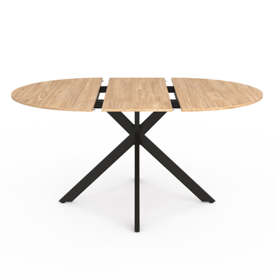 Table repas extensible Soline 110-150cm plateau rond bois pieds croisés noirs