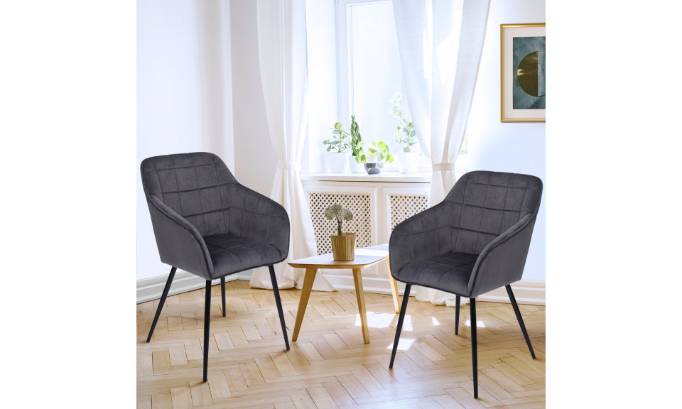 Chaises avec accoudoirs Melinda en velours gris foncé et pieds métal - lot de 2