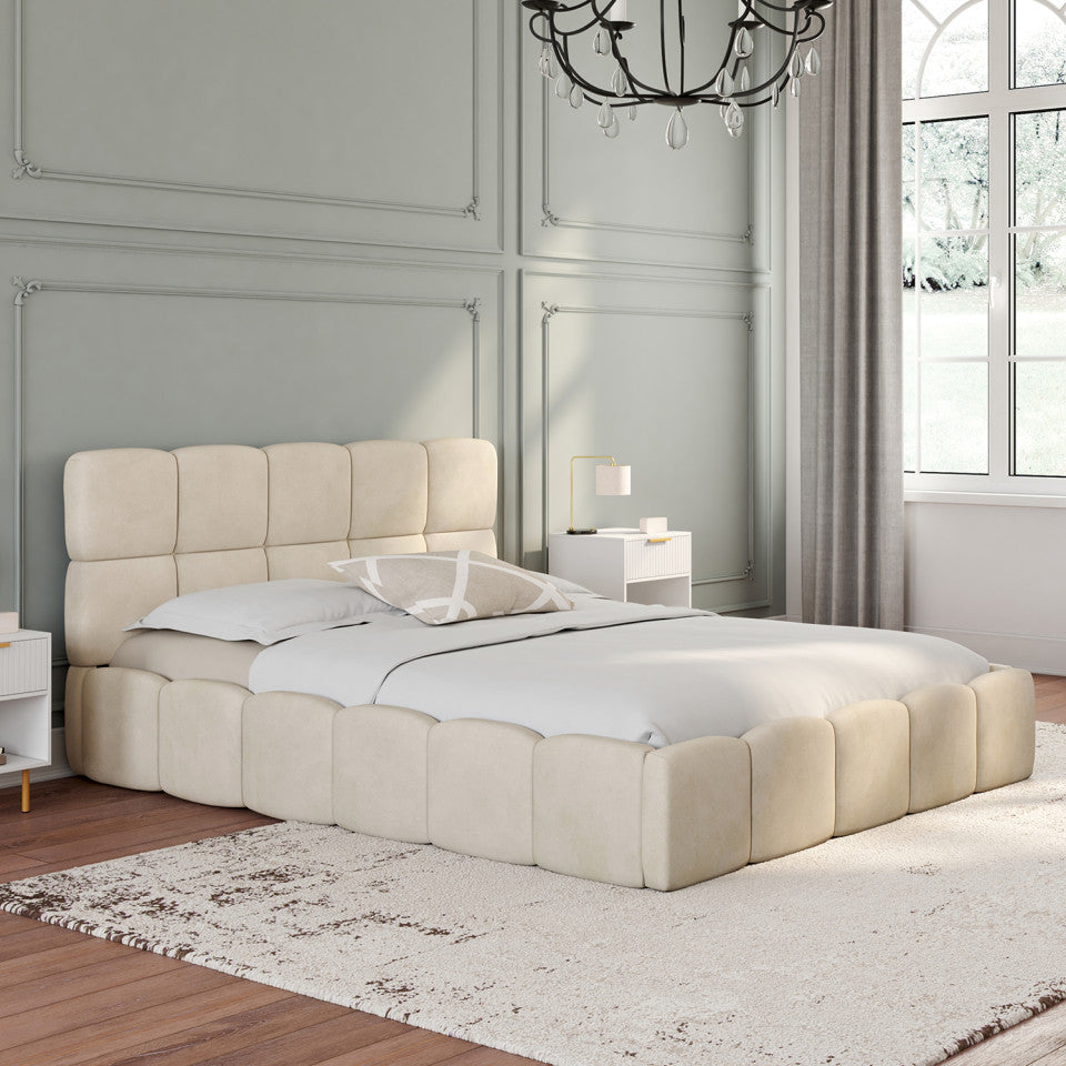 Lit coffre Bubble en velours beige avec sommier et tête de lit 140x190cm