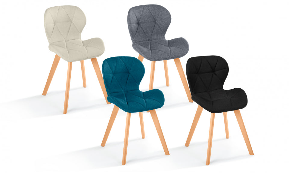 Chaises Gatsby en tissu mix de couleurs et pieds bois : 1x beige, 1x bleu, 1x gris et 1x noir - lot de 4