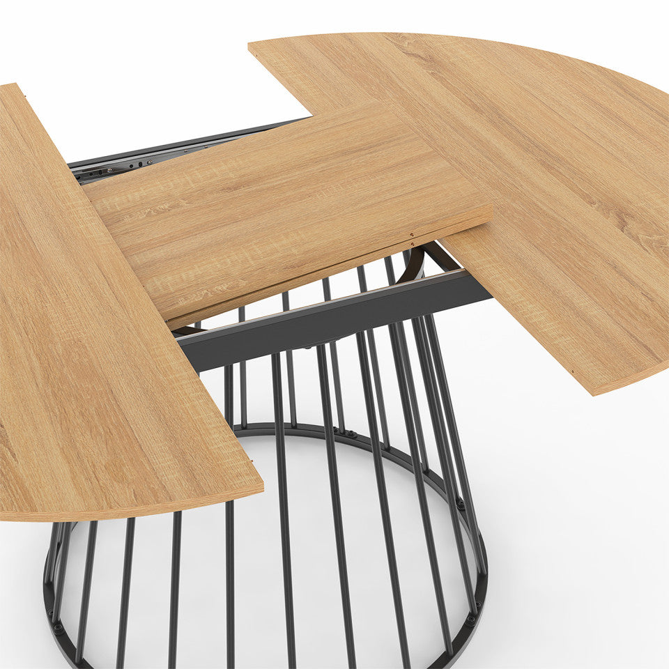 Table repas Adelle plateau rond extensible 110-150cm et pied filaire noir