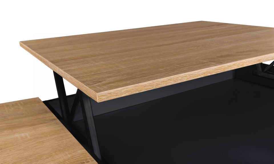 Table basse Elina avec double plateau relevable et coffre latéral noire et bois L110cm