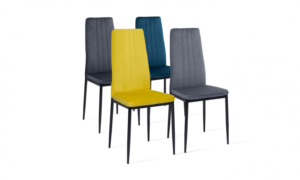 Chaises Jade en velours mix de couleurs - 1x bleu canard, 1x gris clair, 1x gris foncé et 1x jaune - lot de 4