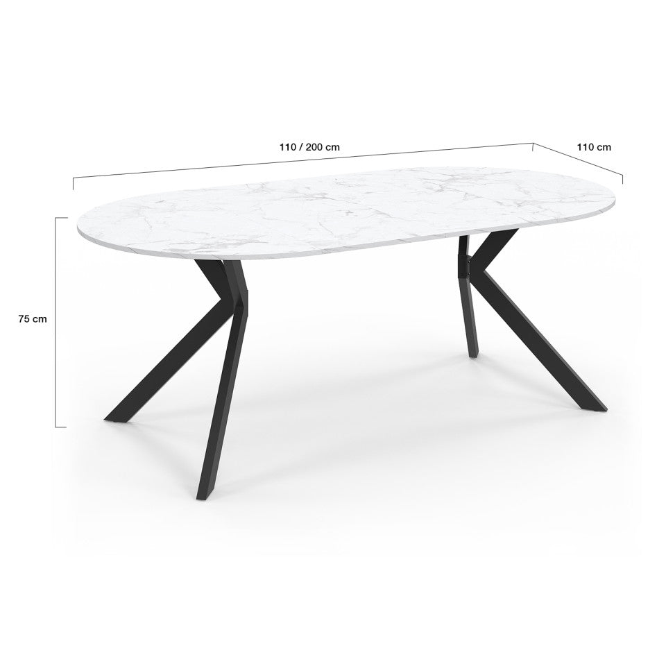 Table repas Spider plateau extensible 110-200cm rond effet marbre et pieds noirs