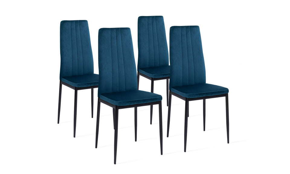 Chaises Jade en velours bleu et pieds noirs - lot de 4