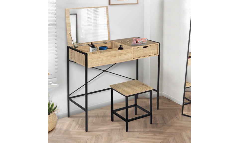 Coiffeuse industrielle Alana miroir rabattable avec tabouret