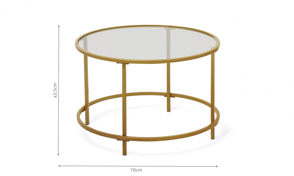 Table basse ronde Siena plateau verre et pieds dorés D70cm