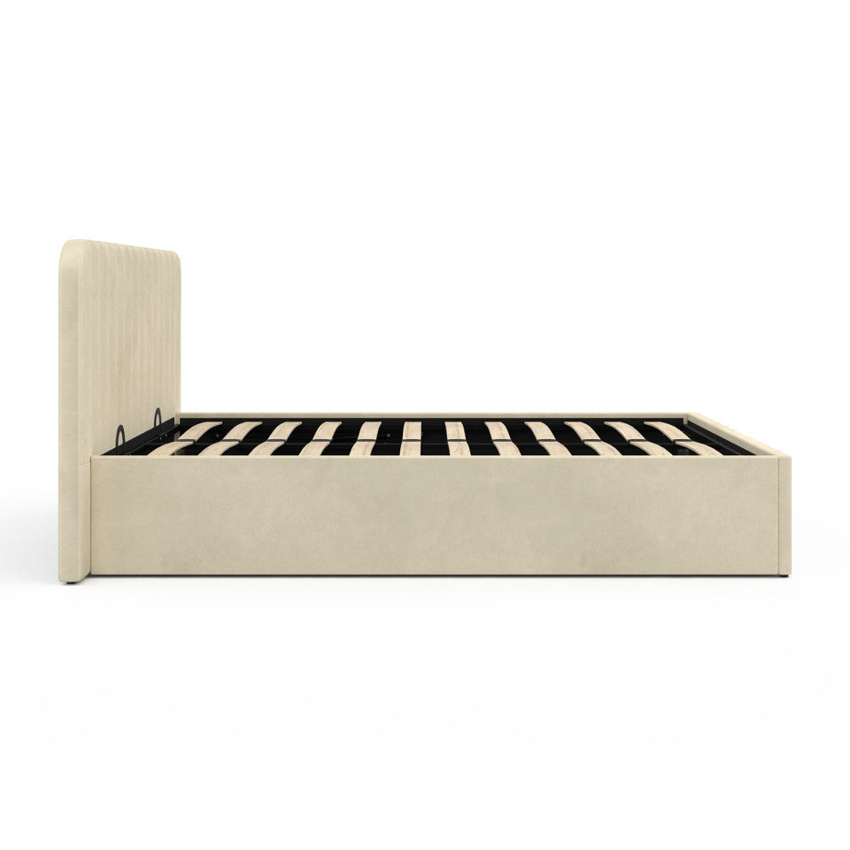 Lit coffre Valentina en velours beige avec sommier et tête de lit 160x200cm