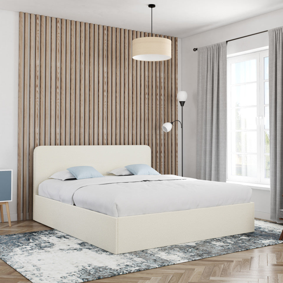 Lit coffre Louise en bouclette avec sommier et tête de lit arrondie 160x200cm Blanc crème