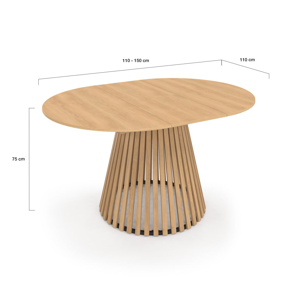Table repas Camélia plateau rond extensible 110-150cm et pieds lattes
