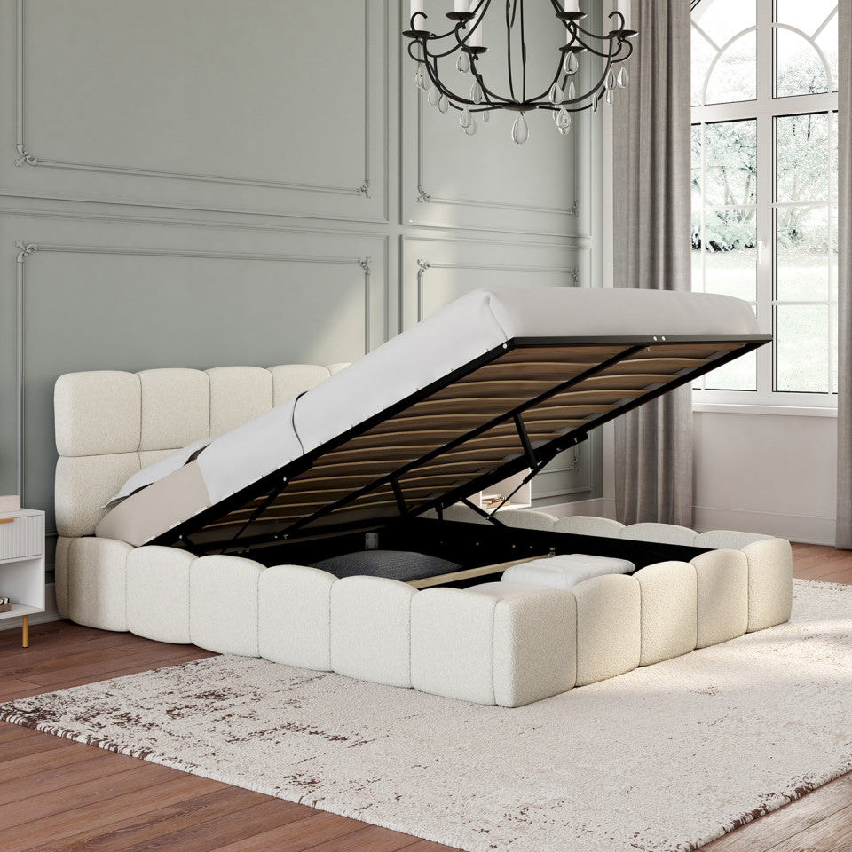 Lit coffre Bubble en tissu bouclette avec sommier et tête de lit 140x190cm