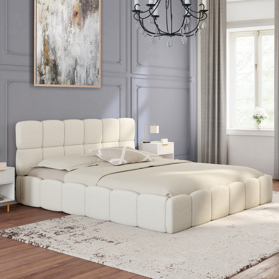 Lit coffre Bubble en tissu bouclette avec sommier et tête de lit 160x200cm