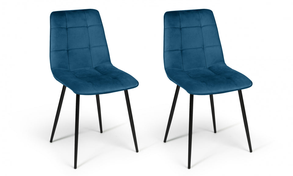 Chaises Linda en velours bleu et pieds noirs - lot de 2