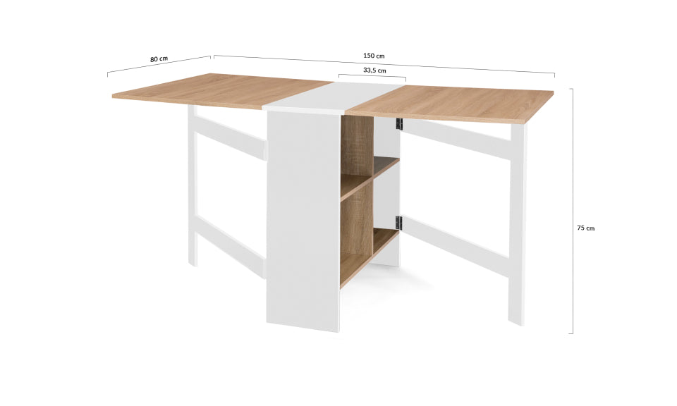 Table repas console pliable Edi plateau naturel et pieds blancs avec rangements