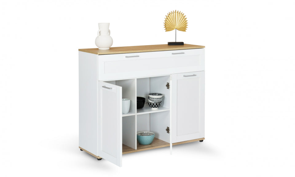 Buffet Marius 3 portes 1 tiroir blanc et bois L100cm