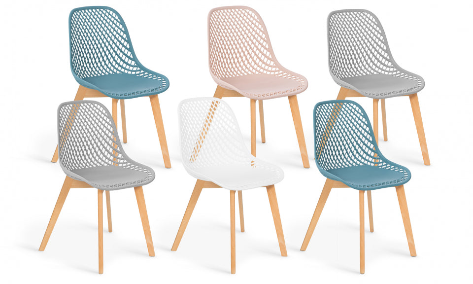 Chaises Maëlle assise ajourée mix de couleurs : 1x blanc, 1x rose, 2x gris Clair et 2x bleu Pastel - lot de 6