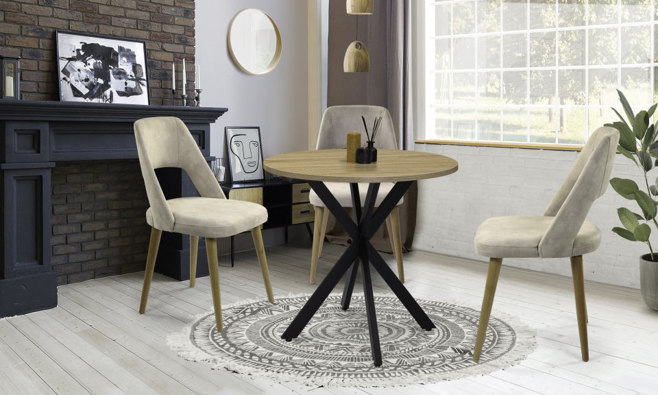 Table repas Soline 80cm plateau rond bois pieds croisés noirs