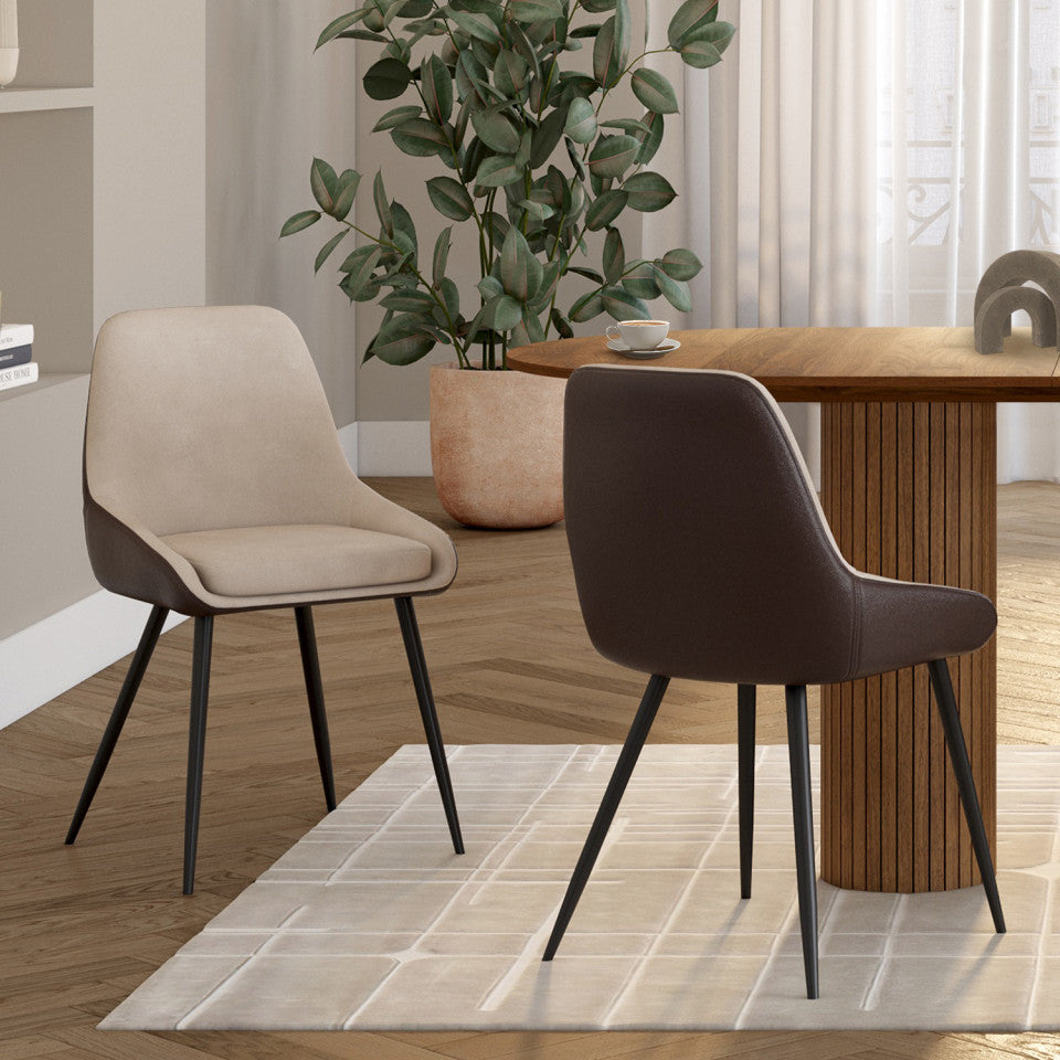 Chaises Ornella bi-matière taupe et marron pieds métal noirs - lot de 4