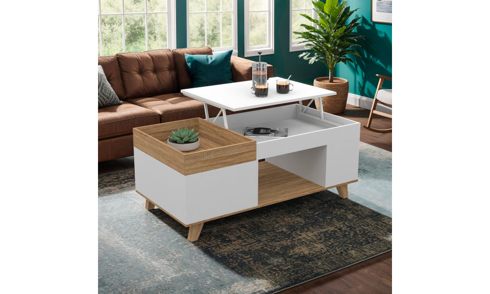 Table basse Stella avec plateau relevable et double coffre bois et blanc