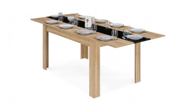 Table repas contemporaine extensible Gloria 140-220cm plateau naturel et chemin de table noir