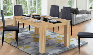 Table repas contemporaine extensible Gloria 140-220cm plateau naturel et chemin de table noir