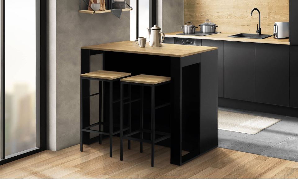 Ilot central de cuisine Nino L 113cm bois et noir avec rangements