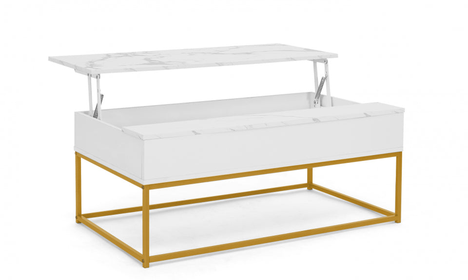 Table basse Glam avec plateau relevable effet marbre blanc et pieds dorés L100cm