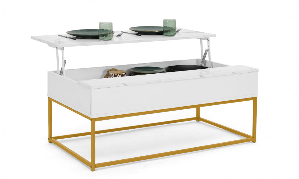 Table basse Glam avec plateau relevable effet marbre blanc et pieds dorés L100cm