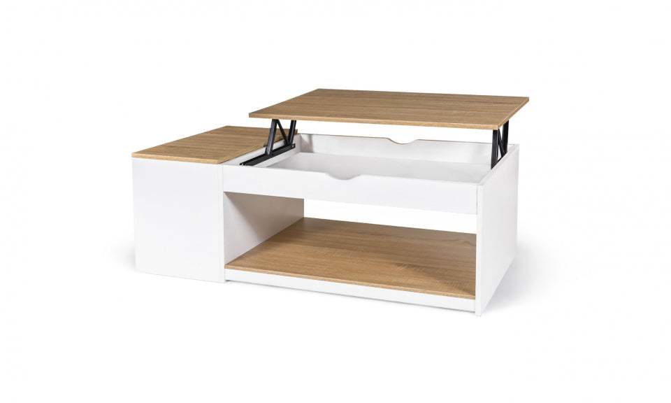 Table basse Elina avec plateau relevable et coffre latéral blanc et bois L110cm