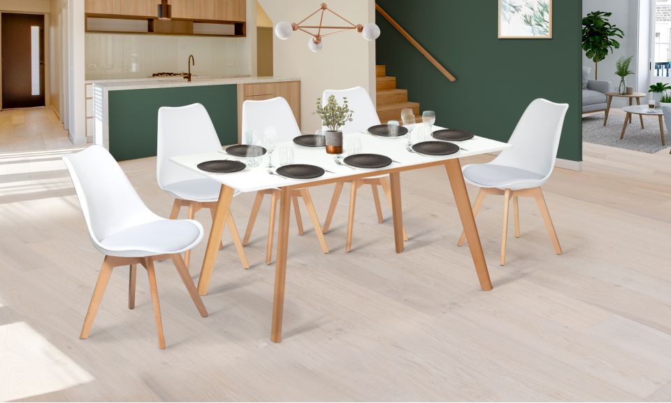 Table repas scandinave extensible 160-200cm plateau blanc et pieds bois