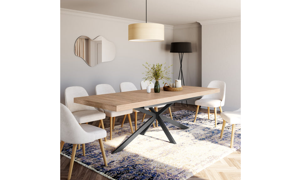 Table repas extensible Memphis 200-240cm plateau bois avec rangement intégré et pieds croisés noirs