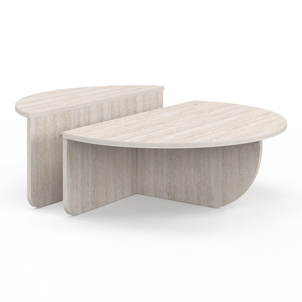 Tables basses rondes asymétriques effet travertin