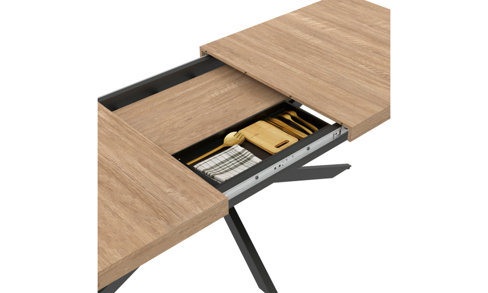 Table repas extensible Memphis 200-240cm plateau bois avec rangement intégré et pieds croisés noirs