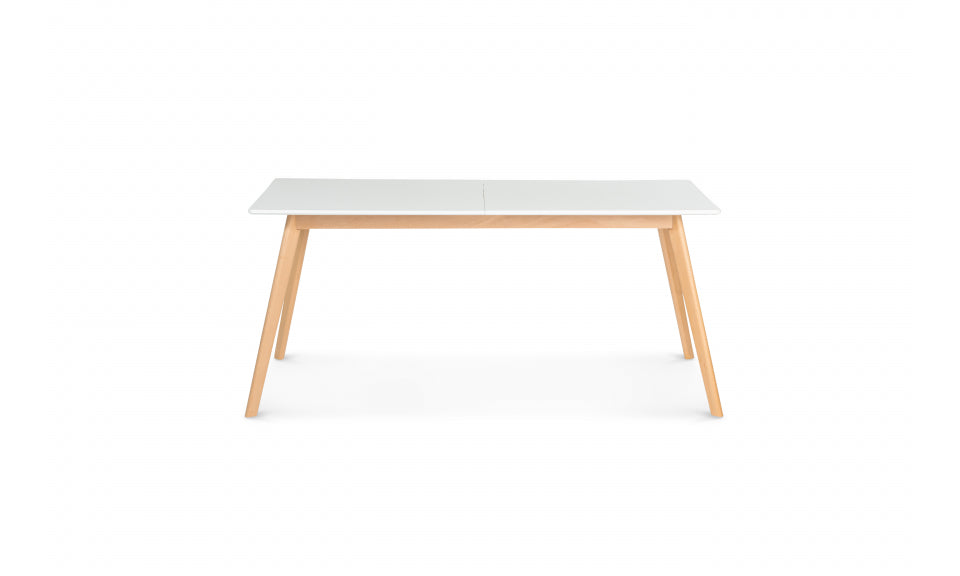 Table repas scandinave extensible 160-200cm plateau blanc et pieds bois