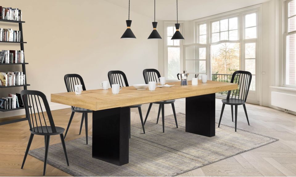 Table repas extensible Marius 160-200cm plateau bois et et pieds pleins noirs