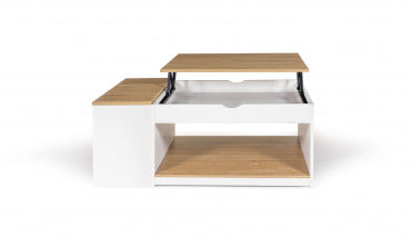 Table basse Elina avec plateau relevable et coffre latéral blanc et bois L110cm