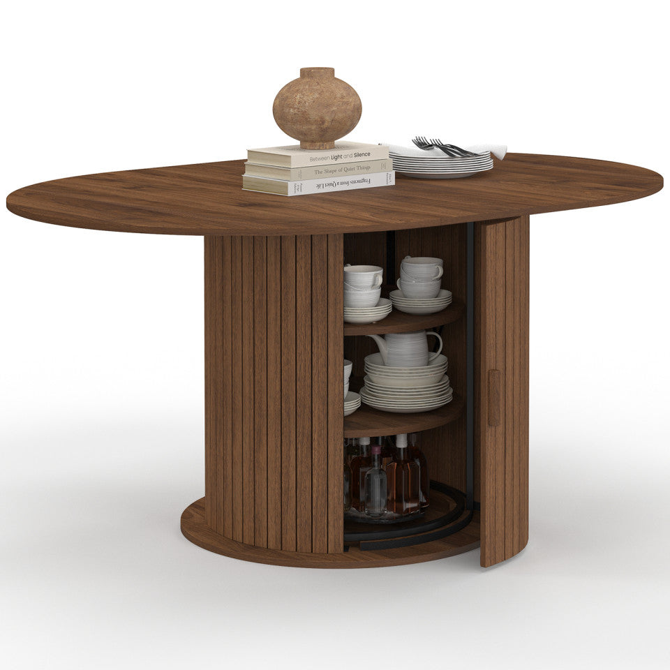 Table à manger ronde extensible Albane effet hêtre avec rangement Ø110-150cm