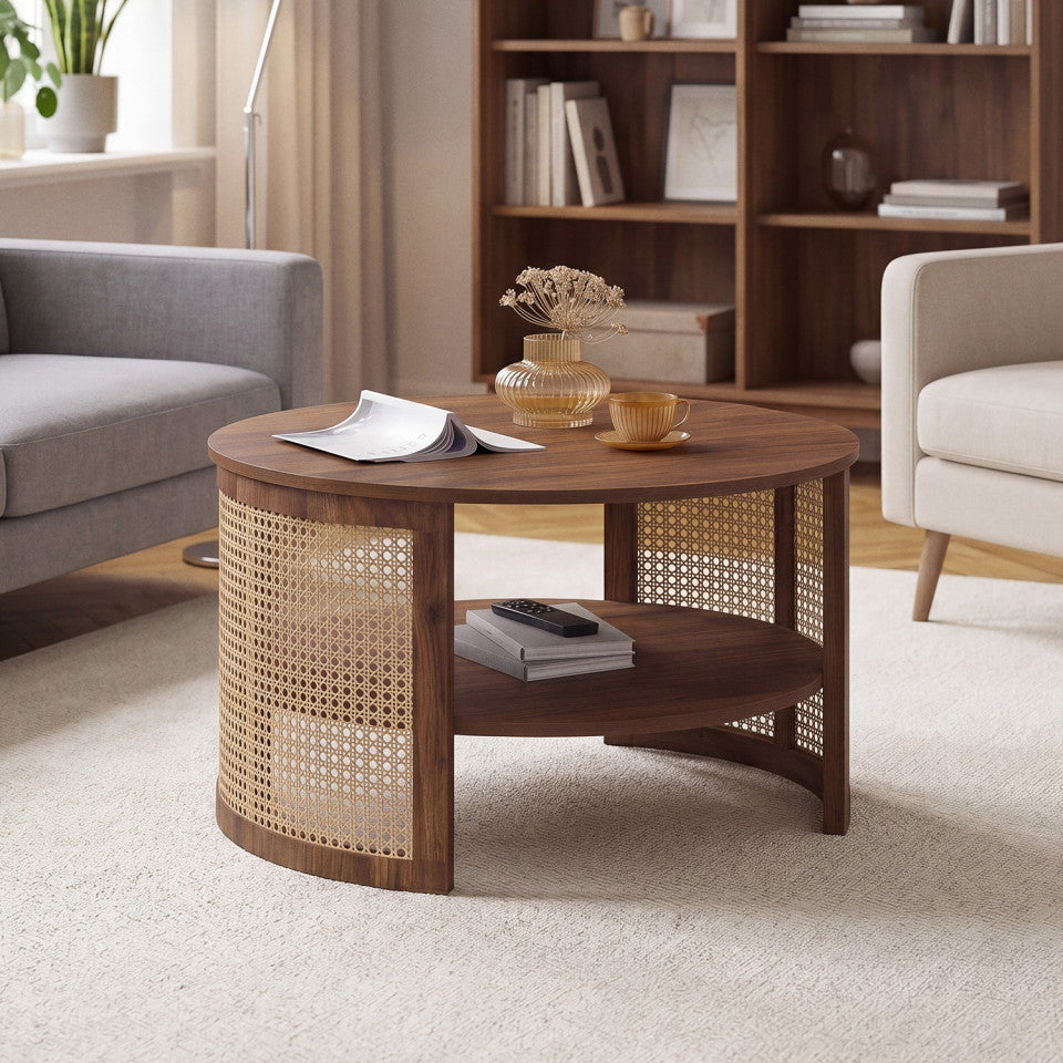 Table basse ronde Eve cannage effet noyer Ø70cm