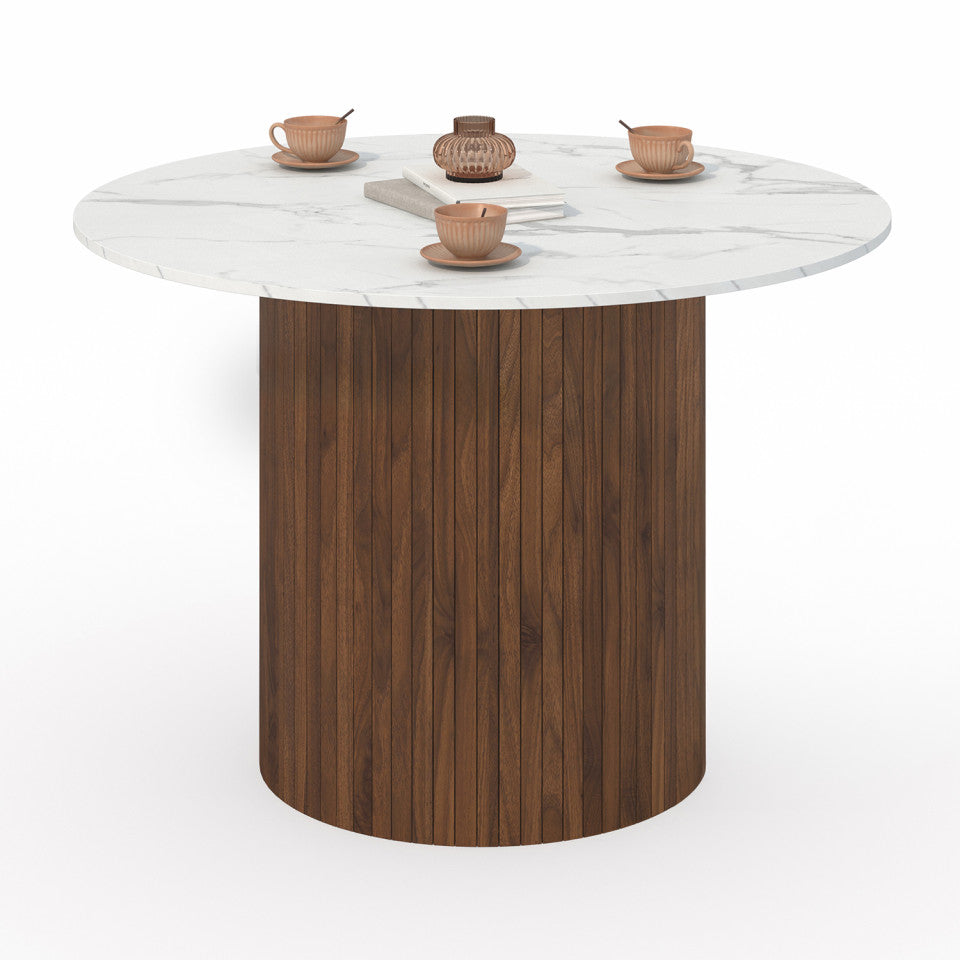 Table à manger ronde Alvar Ø110cm effet marbre et noyer