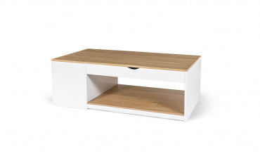 Table basse Elina avec plateau relevable et coffre latéral blanc et bois L110cm