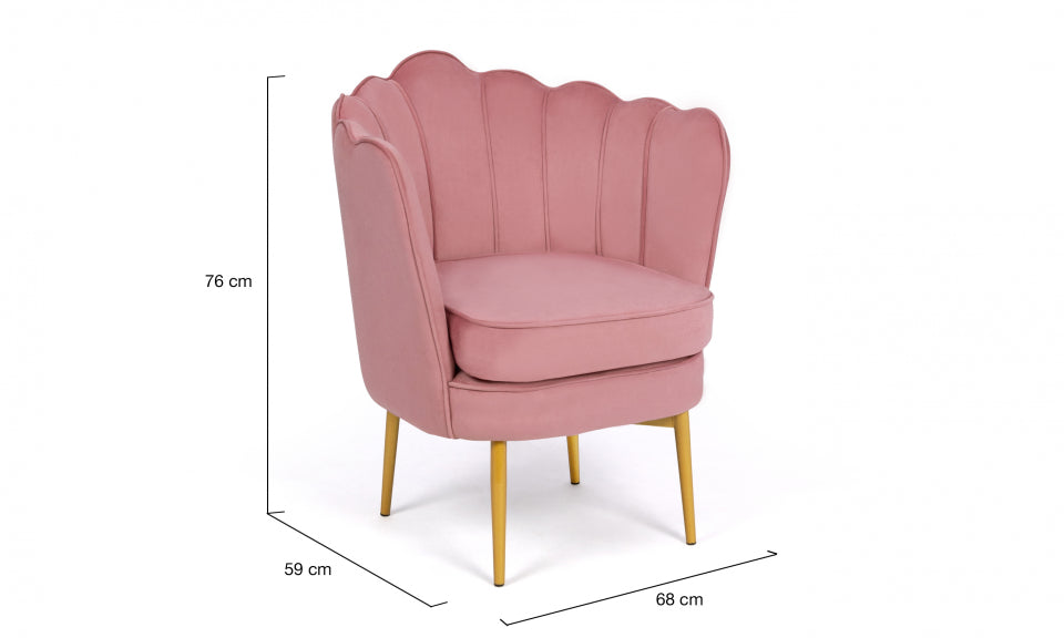 Fauteuil Arielle en velours rose et pieds dorés