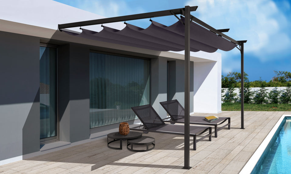 Pergola adossée Marina toile coulissante grise 4x2.7m avec 2 stores intégrés