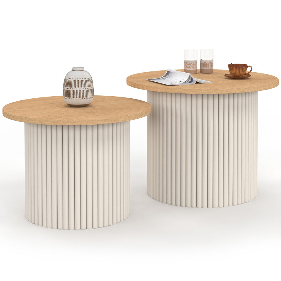 Tables basses rondes gigognes Kara beige effet cannelé - lot de 2