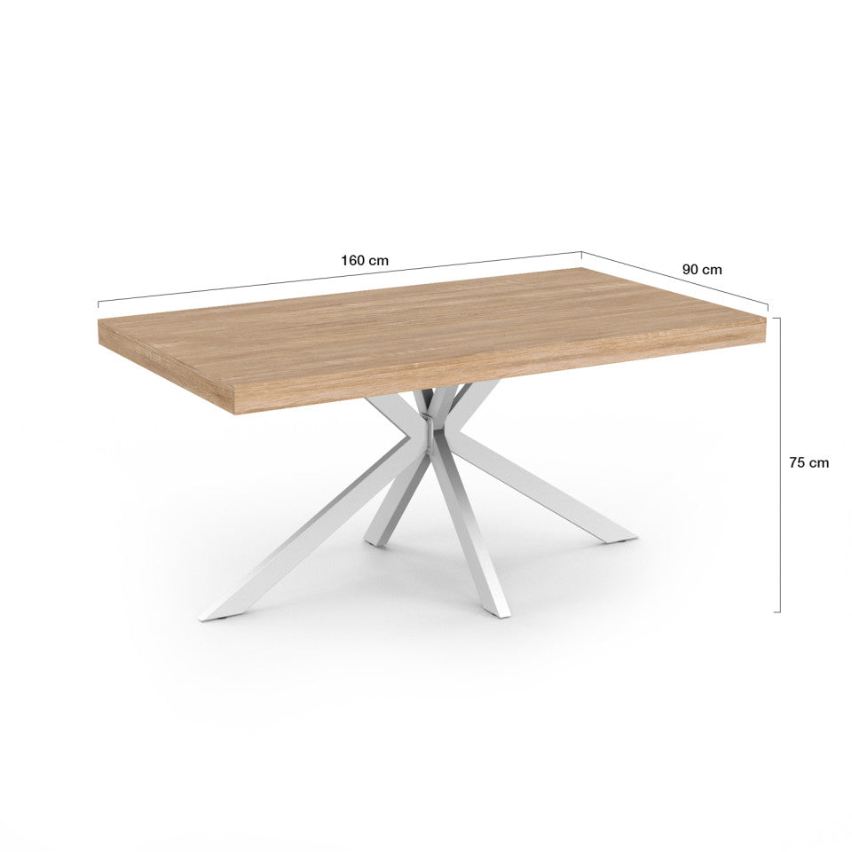 Table repas Brixton 160cm plateau bois et pieds croisés blancs