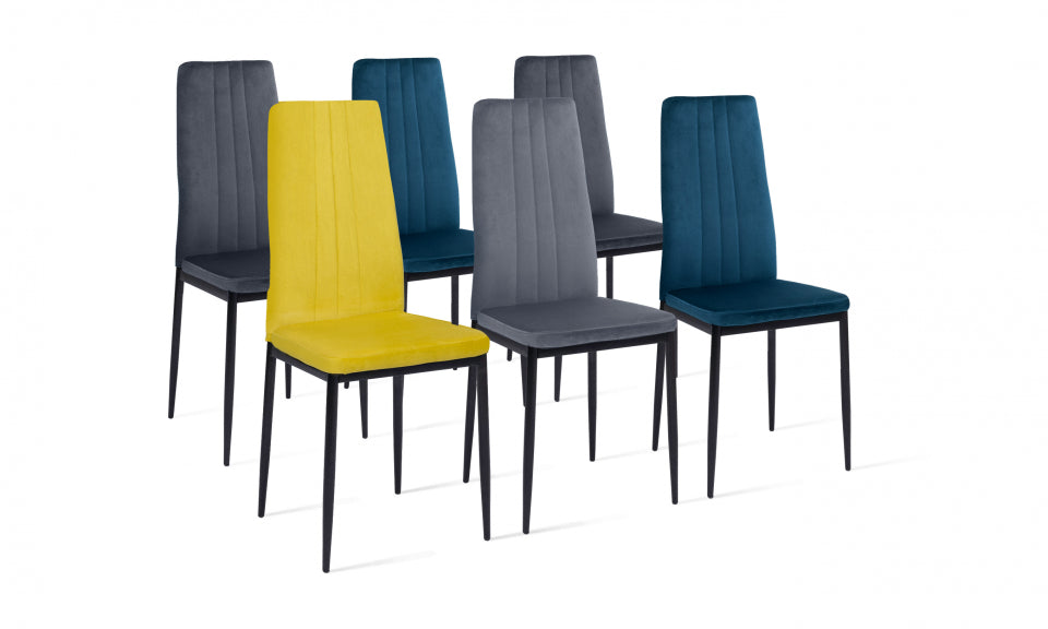 Chaises Jade en velours mix de couleurs - 2x bleu canard, 1x gris clair, 2x gris foncé et 1x jaune - lot de 6