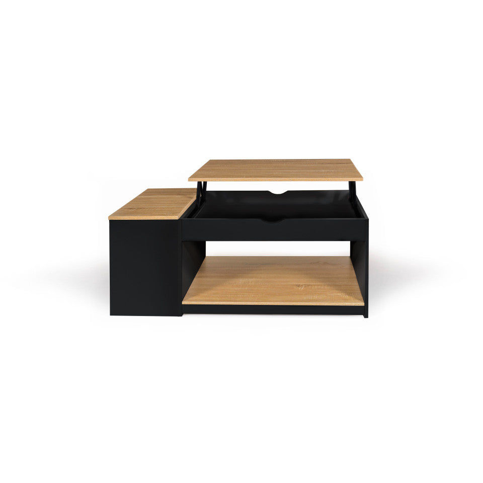 Table basse Elina avec plateau relevable et coffre latéral noir et bois L110cm