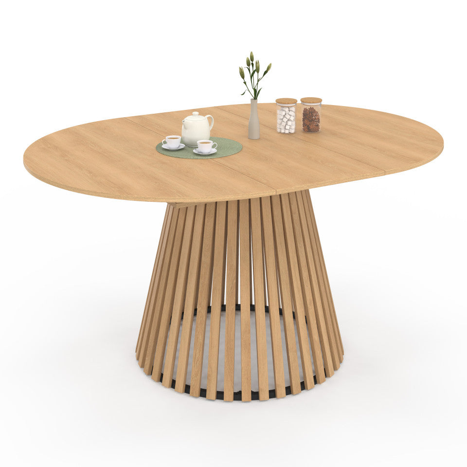 Table repas Camélia plateau rond extensible 110-150cm et pieds lattes