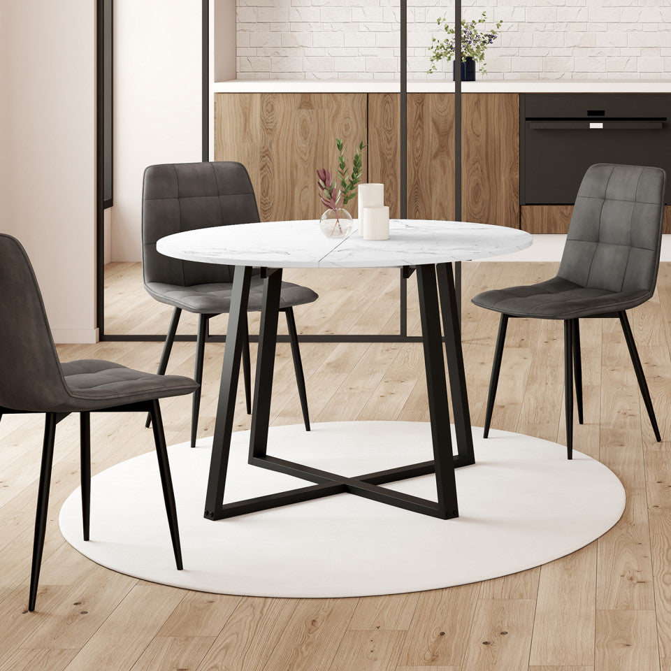 Table repas Sana plateau extensible 110-150cm rond effet marbre et pieds noirs