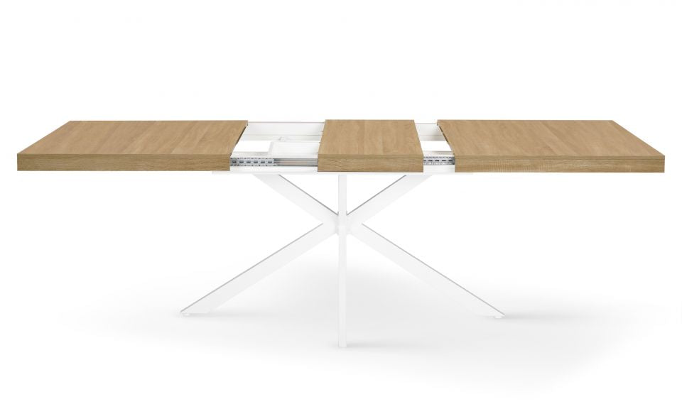 Table repas extensible Memphis 160-200cm plateau bois avec rangement intégré et pieds croisés blancs