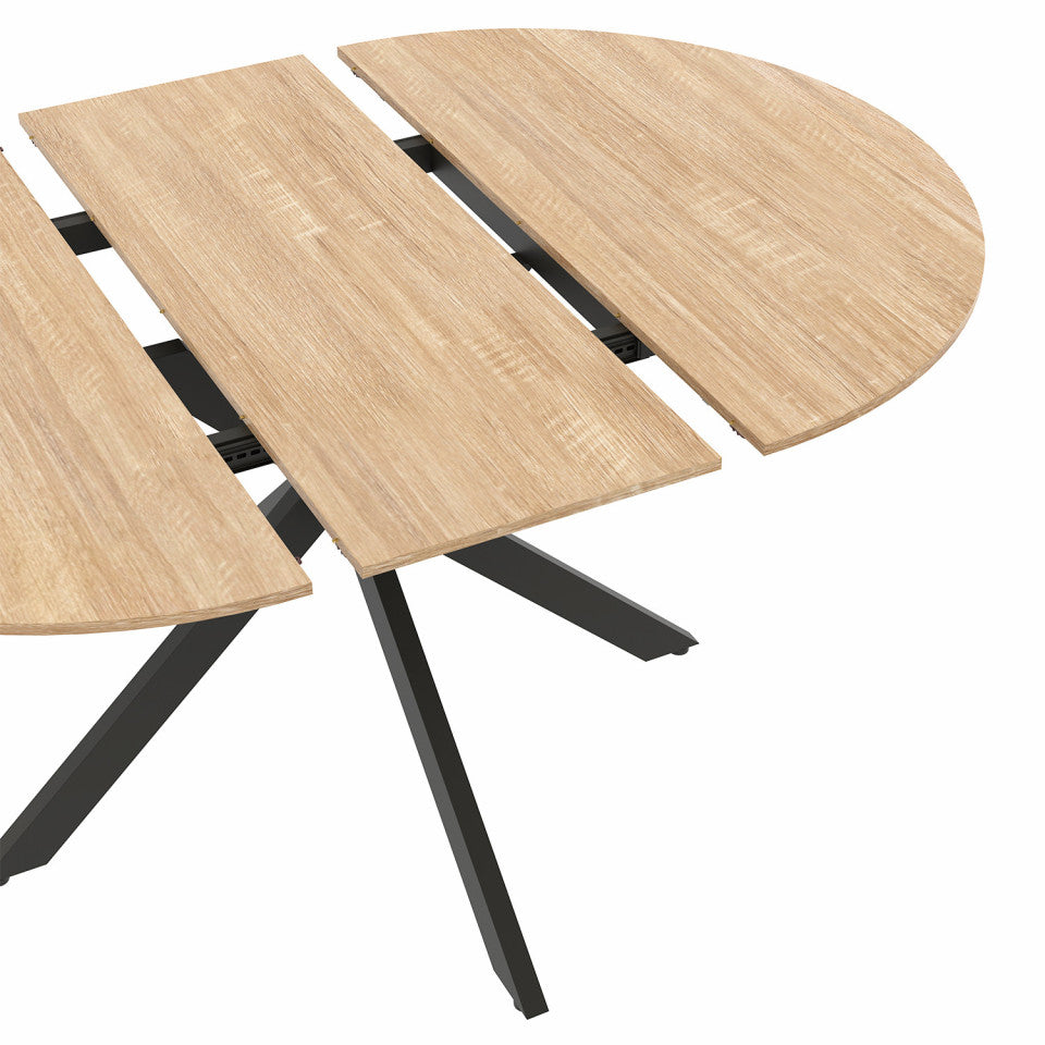 Table repas extensible Soline 110-150cm plateau rond bois pieds croisés noirs